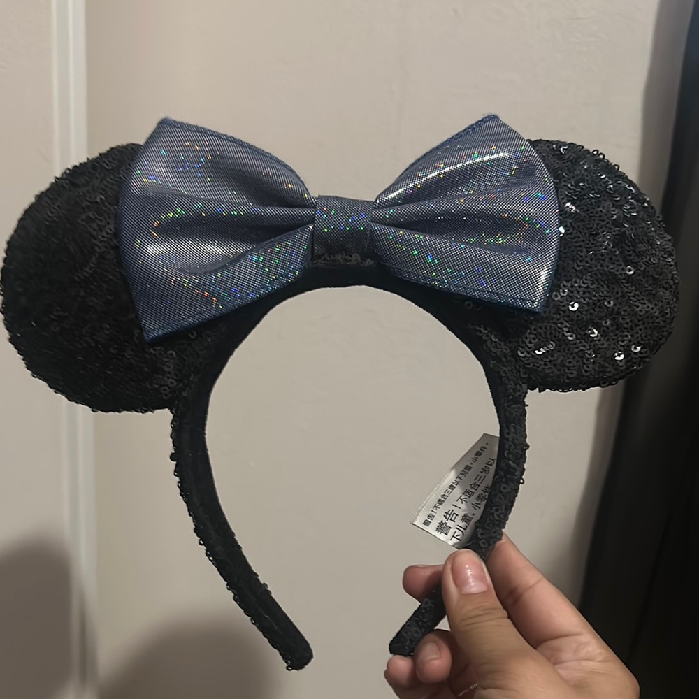 Disney Black Sequin Minnie Mouse Ears with Blue Bow